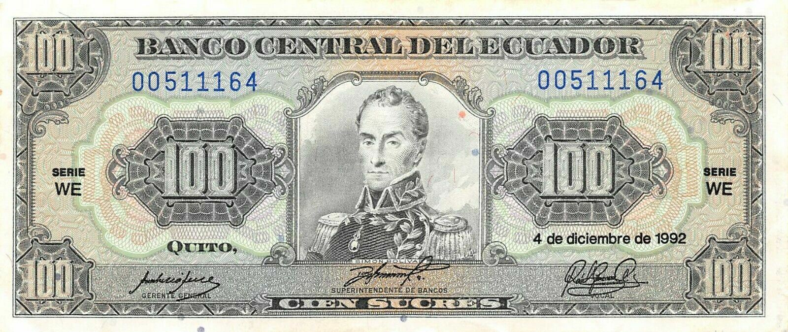 Ecuador  100  Sucres  4.12.1992  Series  WE  Circulated Banknote An7