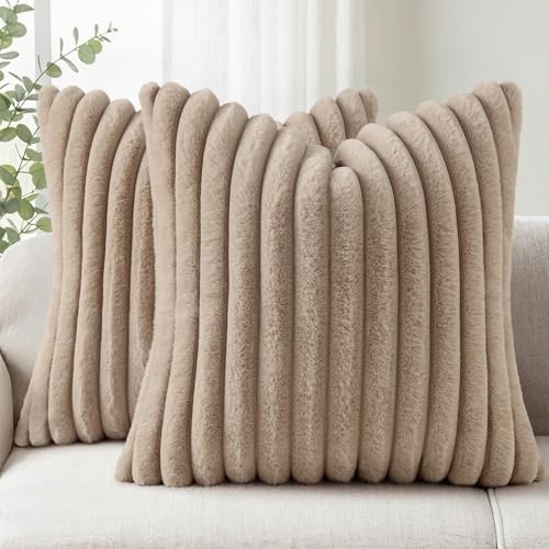 Faux Fur Couch Throw Pillow Covers 18x18 Set 18" x 18" (Pack of 2) Khaki Brown