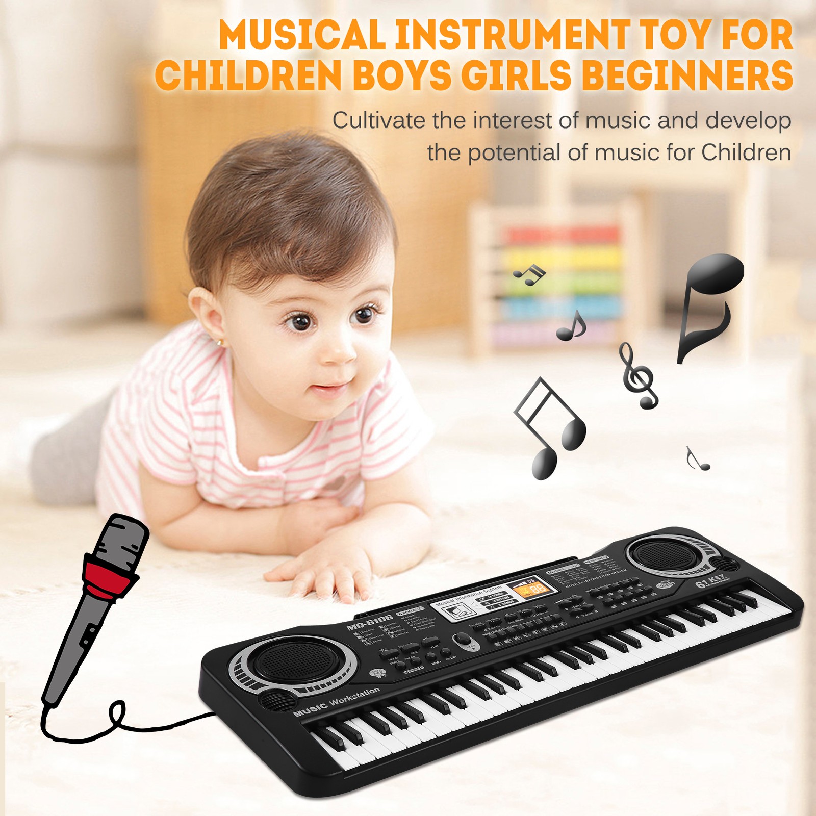 61 Keys USB Keyboard Complete Accessory Microphone Cable For Beginner Kids