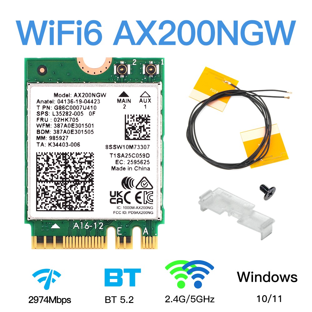 AX200NGW M.2 WiFi 6 Adapter Dual Band BT5.2 Wireless WiFi Card with Antenna Set