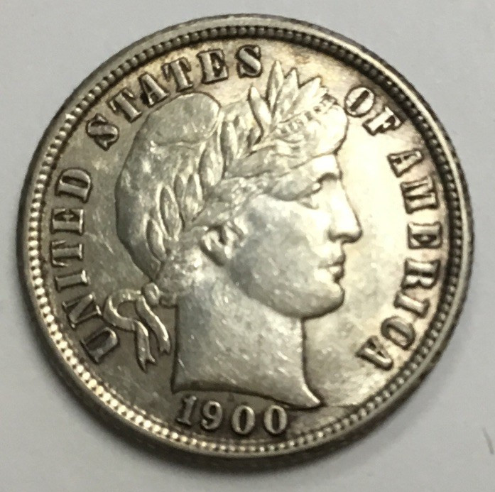 1900-S Barber Silver Dime AU+~