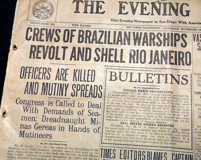 1910 REVOLT OF THE LASH Whips Rio de Janeiro Brazil Naval Mutiny 1910 Newspaper