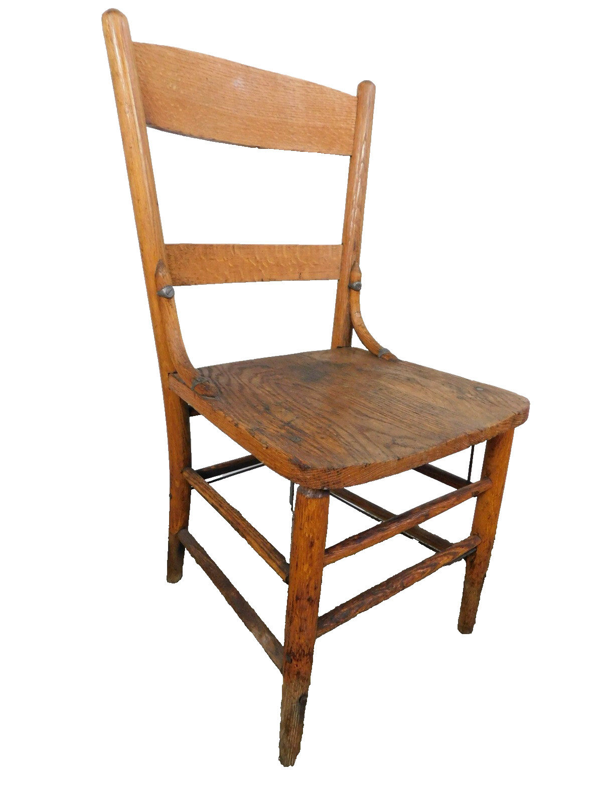 C1900 Antique Oak Slat Ladder Back Hip Supports Chair w Metal Tighteners OLD!!