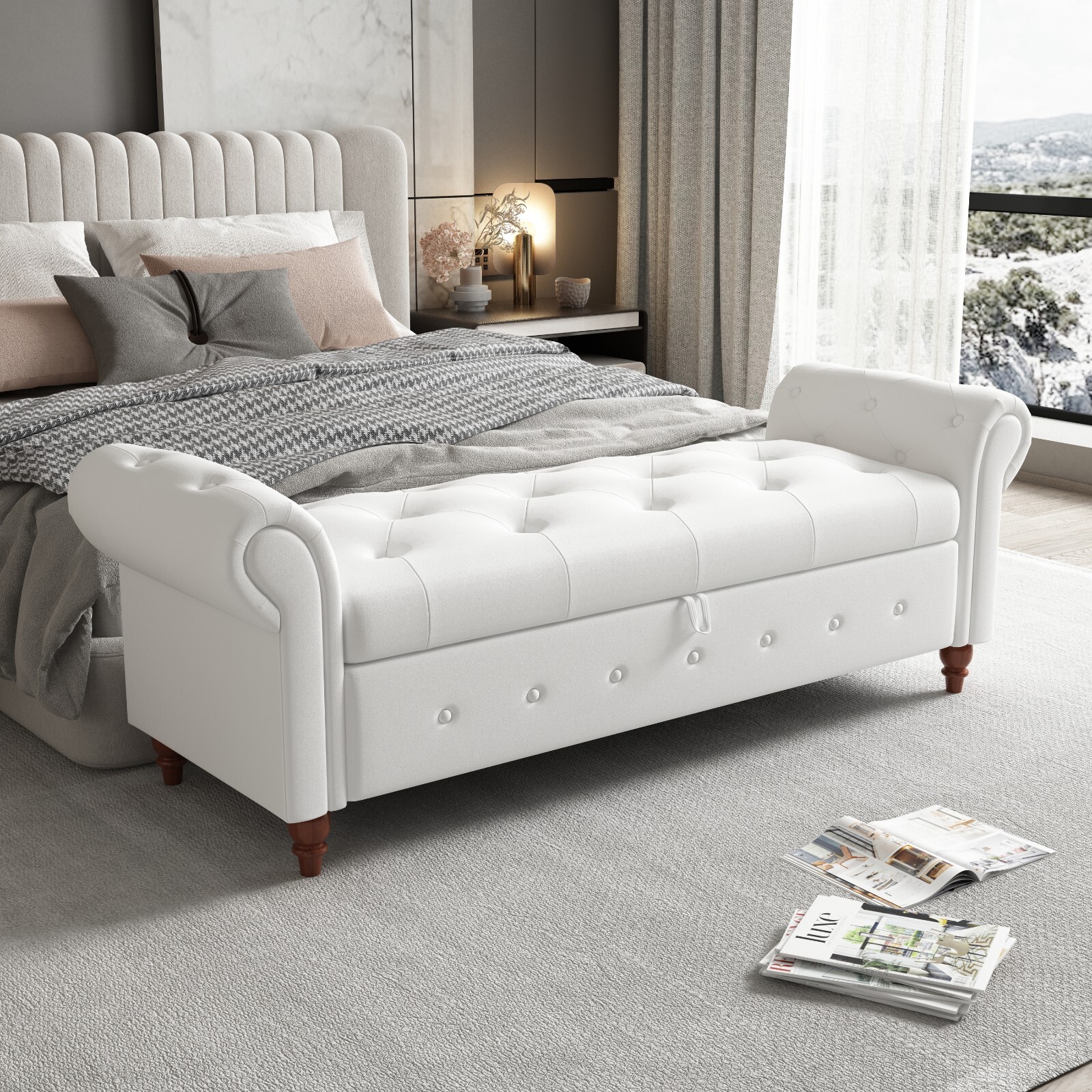 Modern Velvet Upholstered End of Bed Bench Storage Ottoman Seat with Rolled Arms