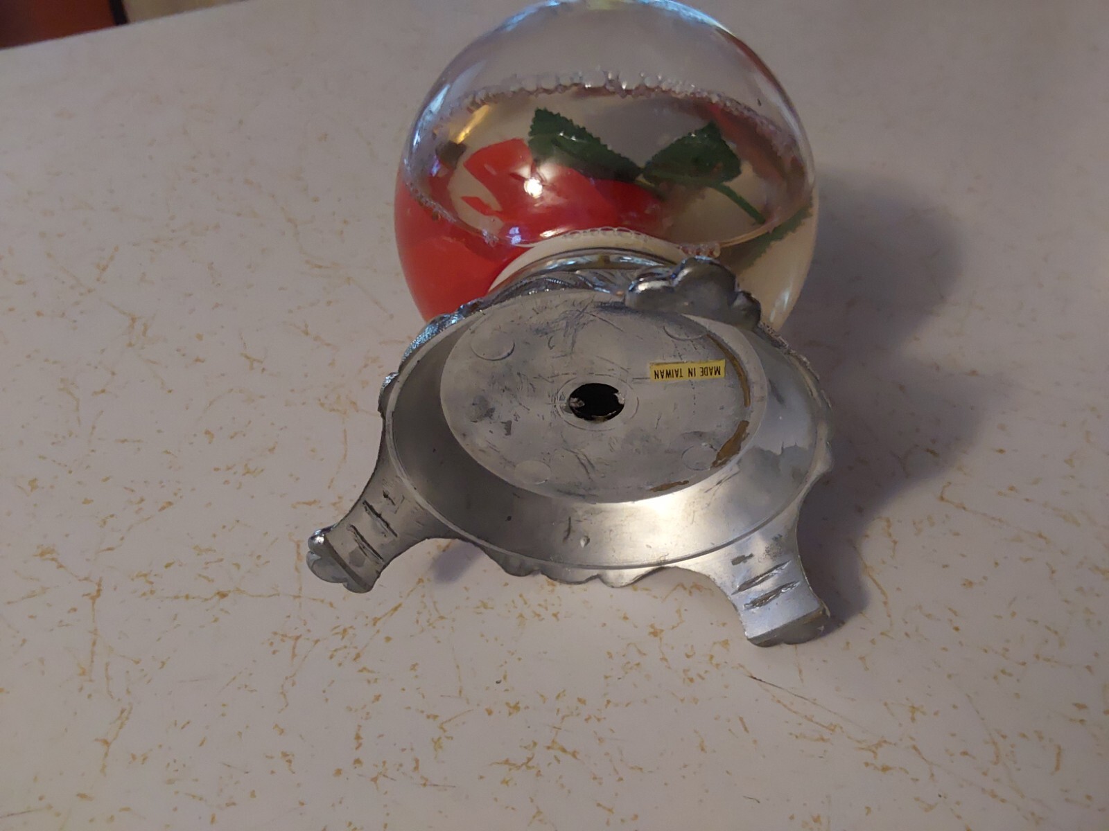 Floating ROSE Flower inside Glass Globe on Decorative TIN Base