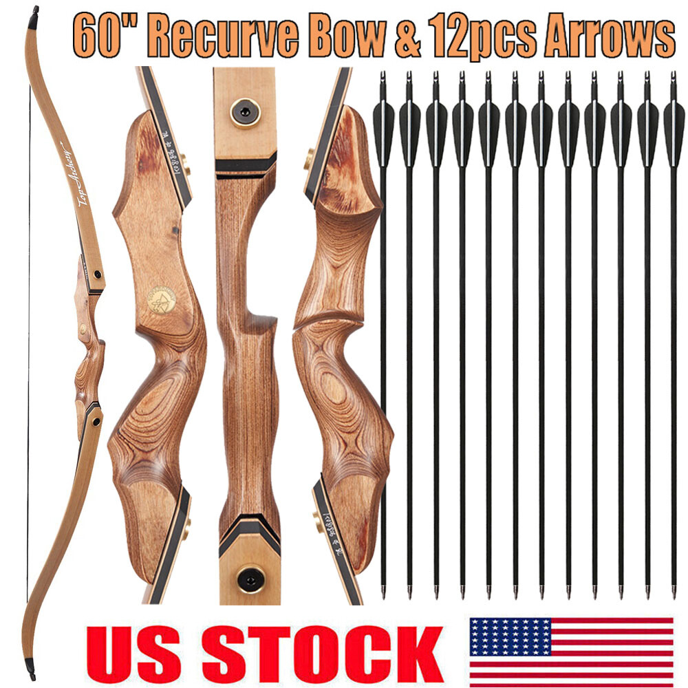 60in Archery Wooden Recurve Bow +12pcs Carbon Arrows 30-50lbs.Hunting / Target