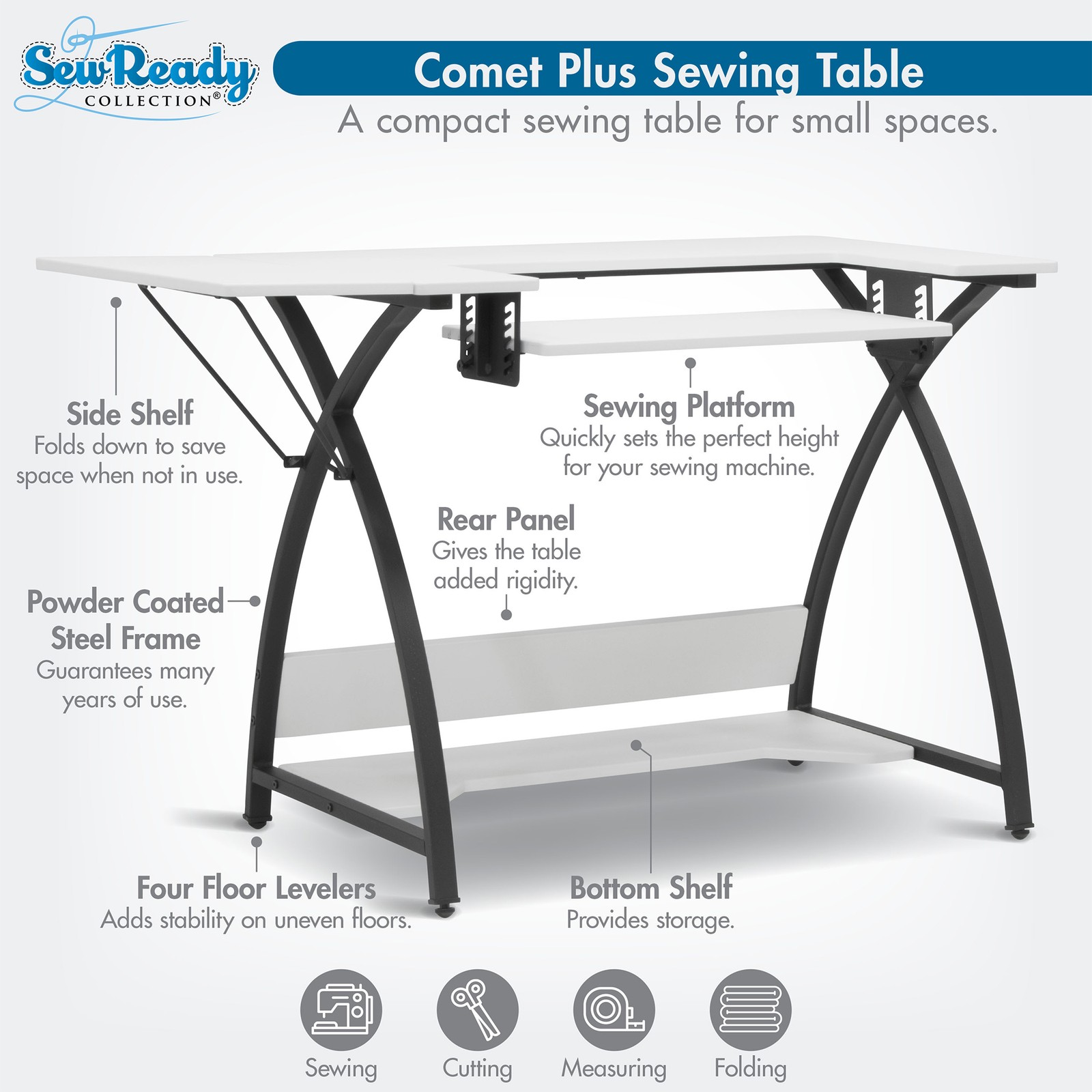 Sew Ready Comet Plus Hobby and Sewing Table with Side & Lower Shelf, Black/White