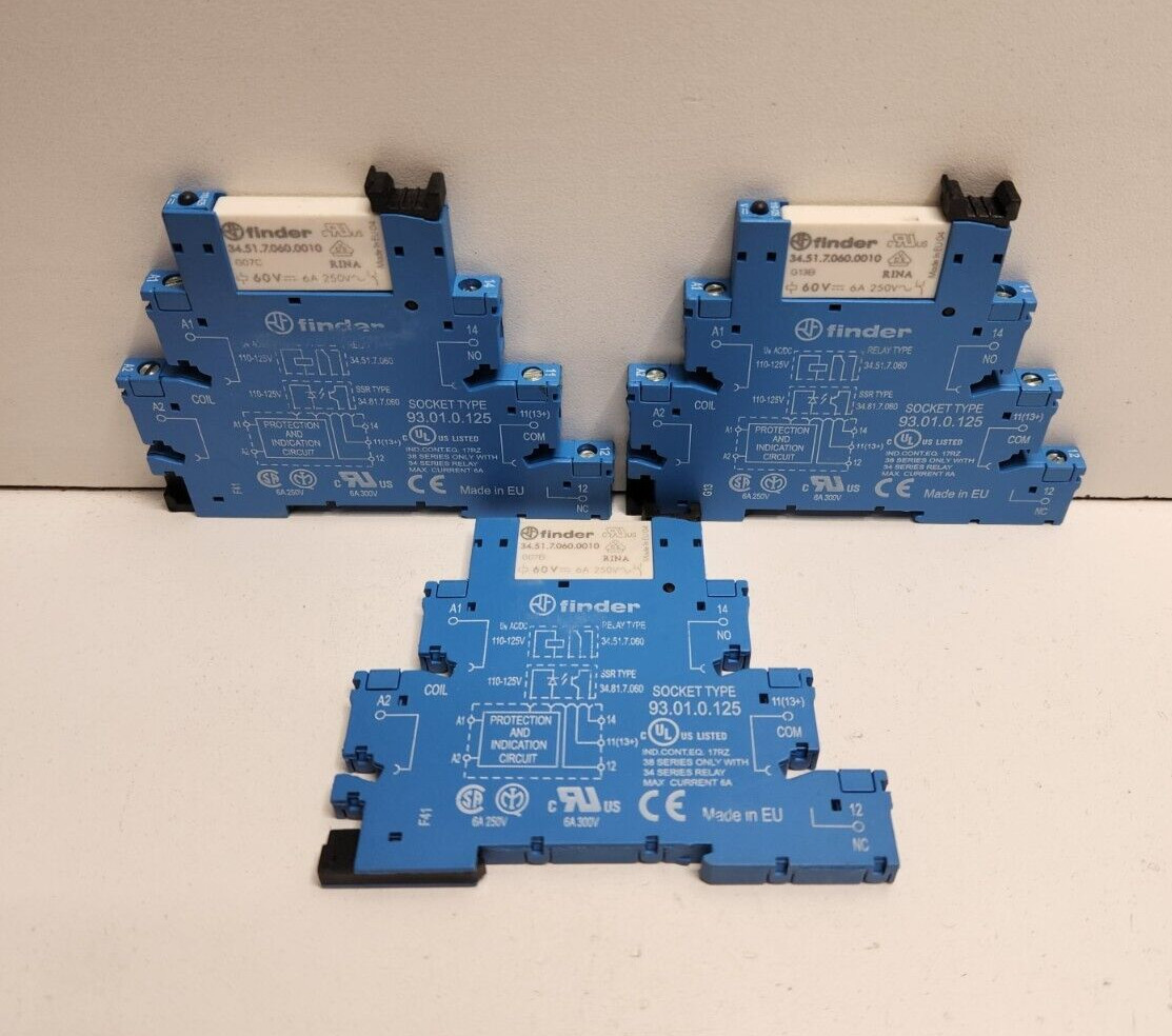 LOT OF 3 GUARANTEED! FINDER 6A 250V TERMINAL RELAY SOCKETS & RELAY 93.01.0.125