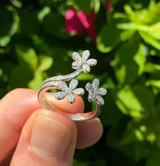 Flower Open Shank Wedding Ring 14K White Gold Over 3Ct Round Lab Created Diamond
