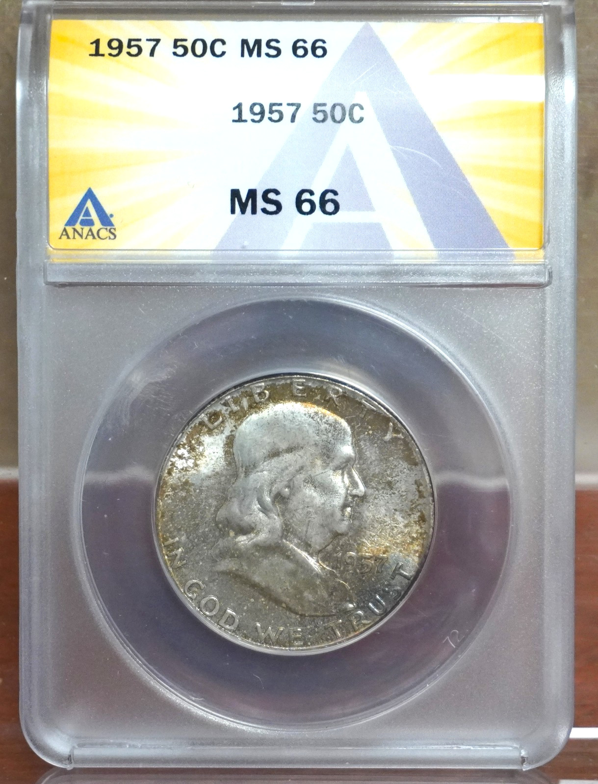 1957 FRANKLIN HALF DOLLAR ANACS MS66 7765661 - UNIQUE TONING