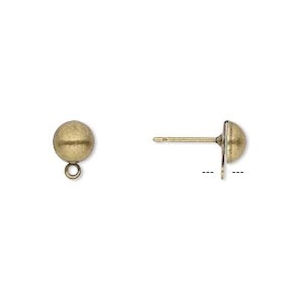 10 OR 100 Antiqued Gold Plated 6mm Half Ball Earring Posts with Closed Loop