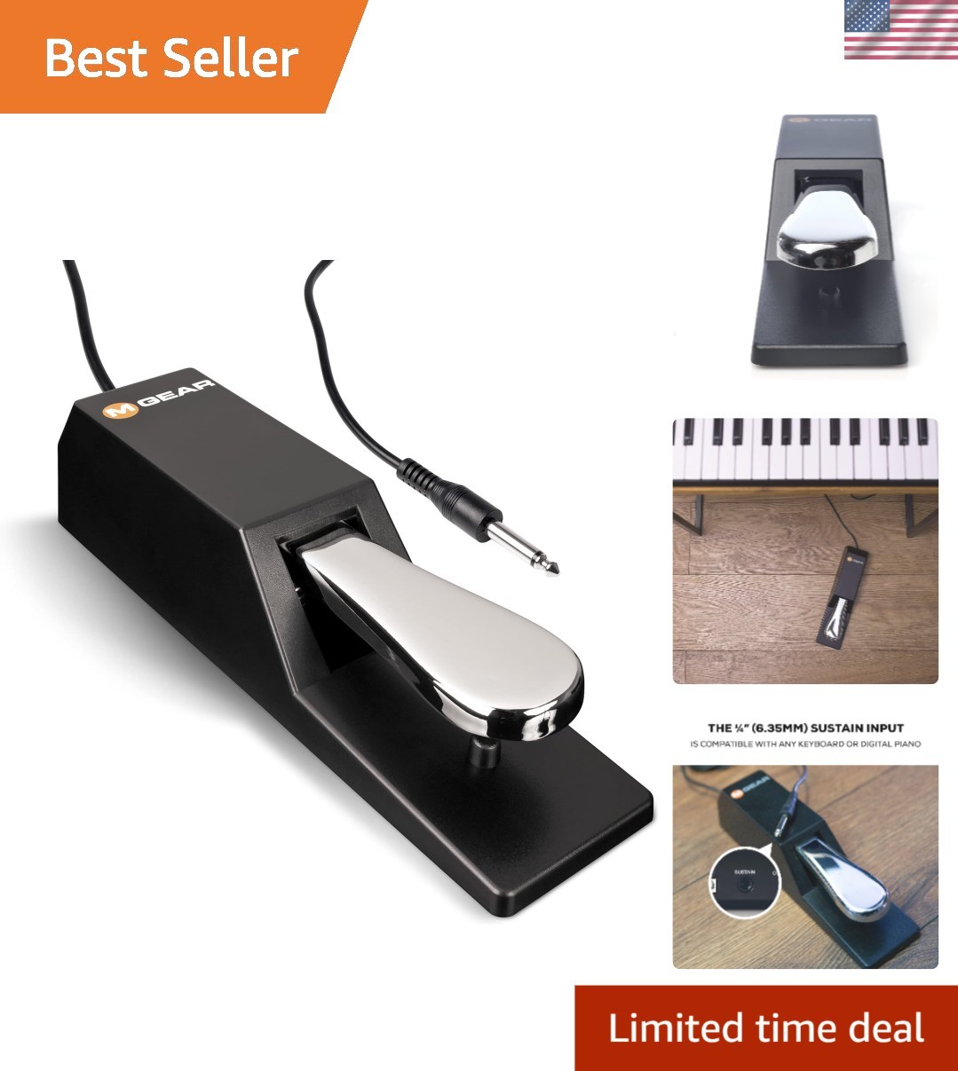 Ultra Portable Piano Style Sustain Pedal with 6-Foot Cable - Ideal for Musicians