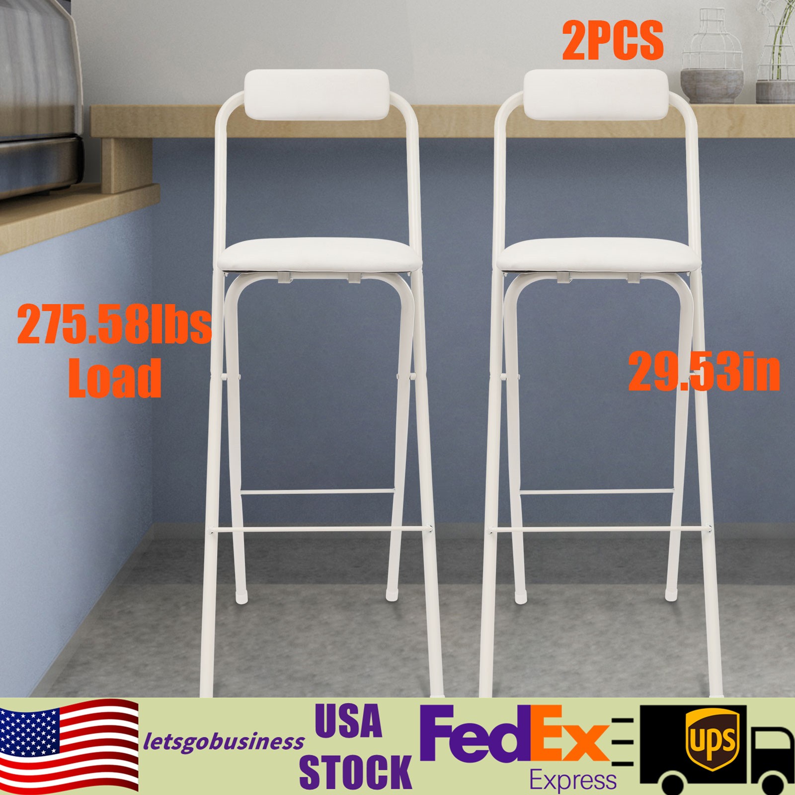 2PCS Portable Folding Metal Stool 29.53" Bar Stool Tall Chair Cafes Bars Chair