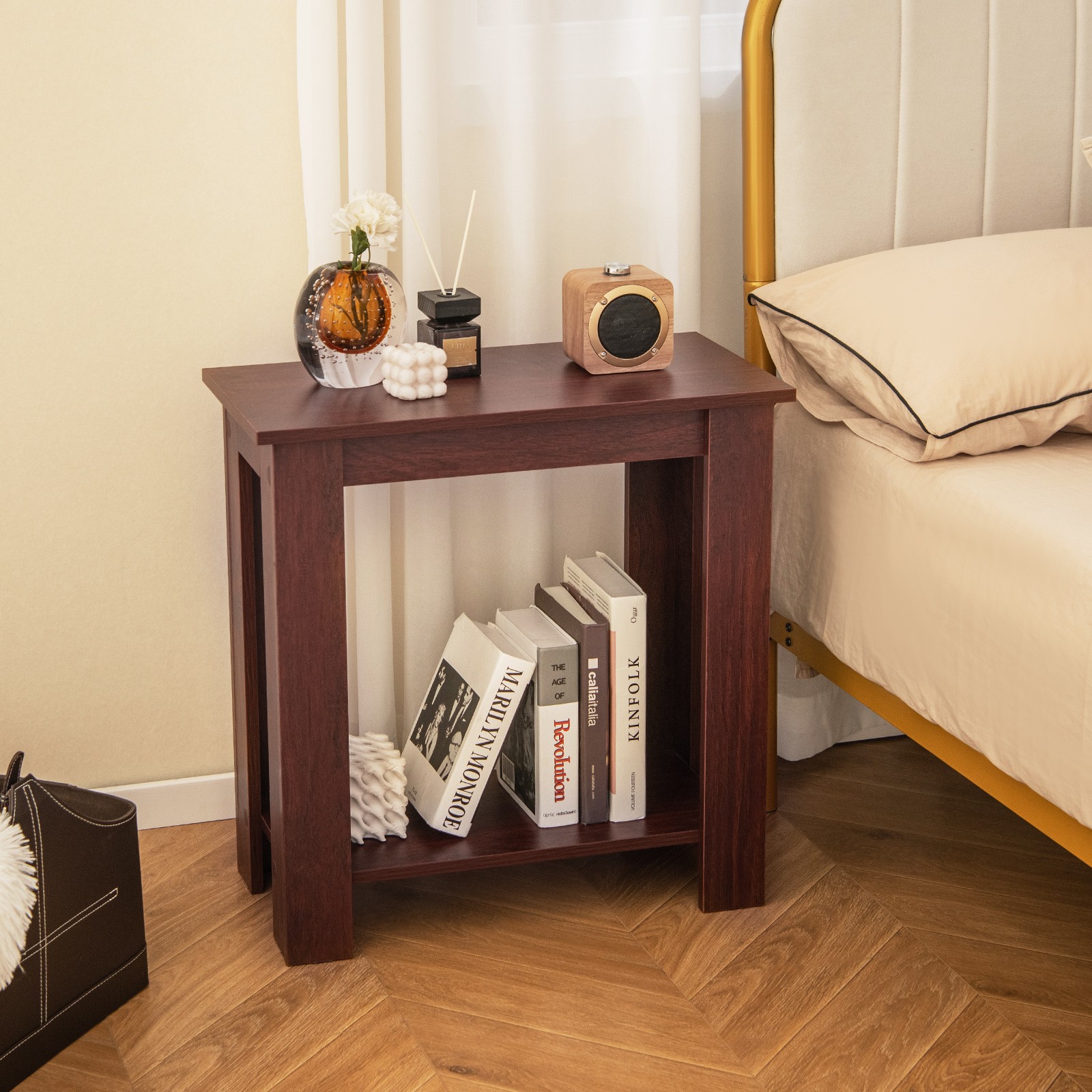 2 PCS End Table Sofa Bedside Table Compact Nightstand w/ Storage Shelf Espresso