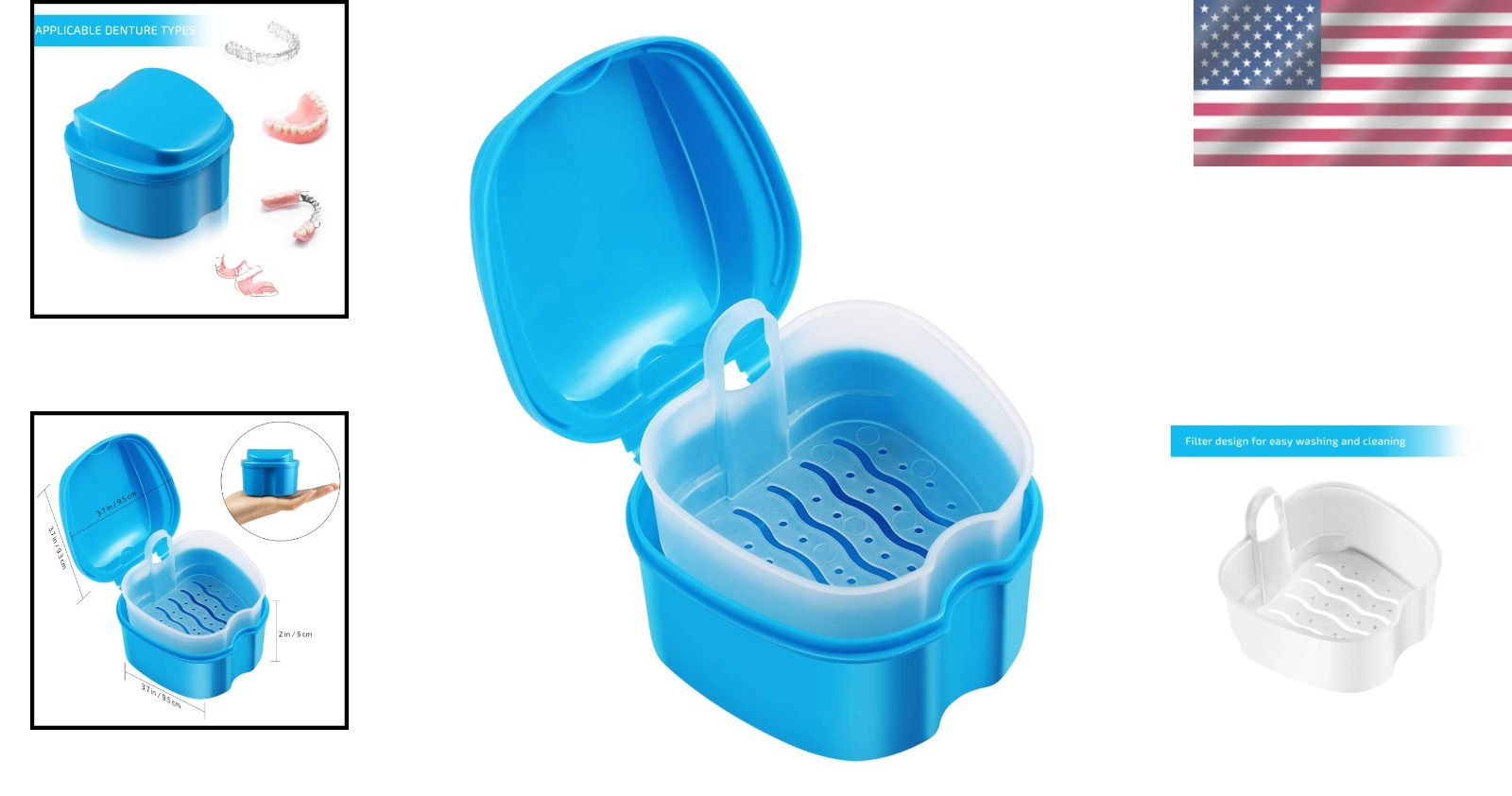 Compact Blue Denture Storage Case with Drain Basket - Perfect for Retainers