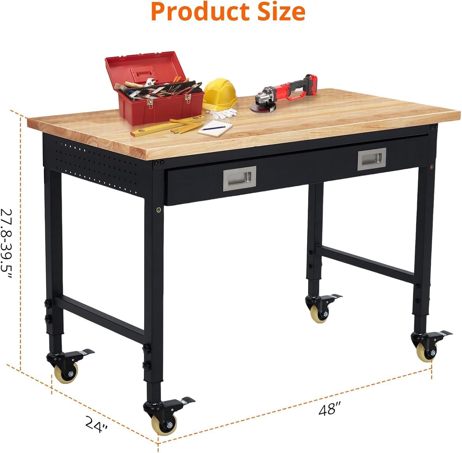 48" Adjustable Workbench with Drawer Storage, Adjustable Height Worktable Wood