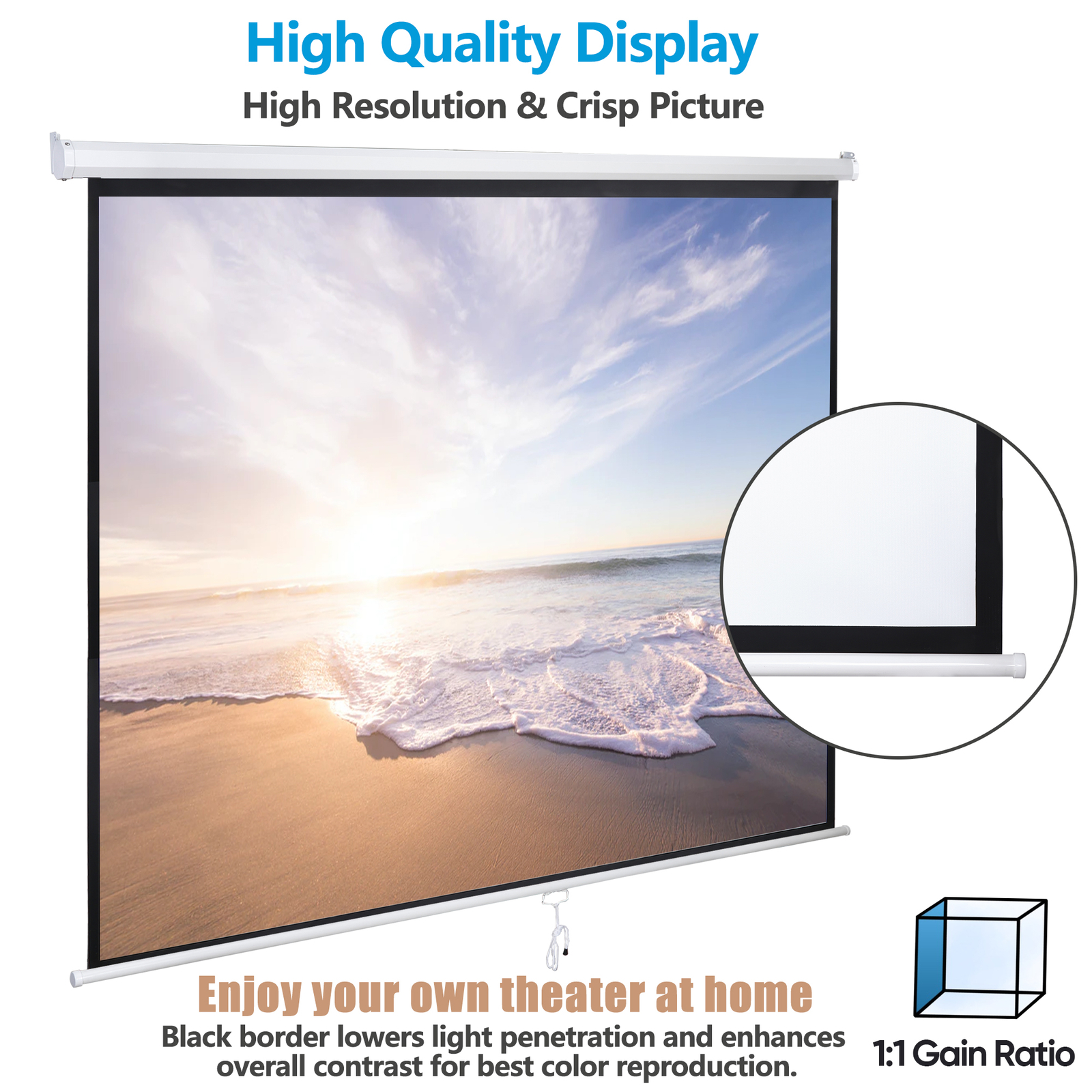 84" X 84"Manual Pull Down Projector Screen Home Theatre Play Game Bedroom