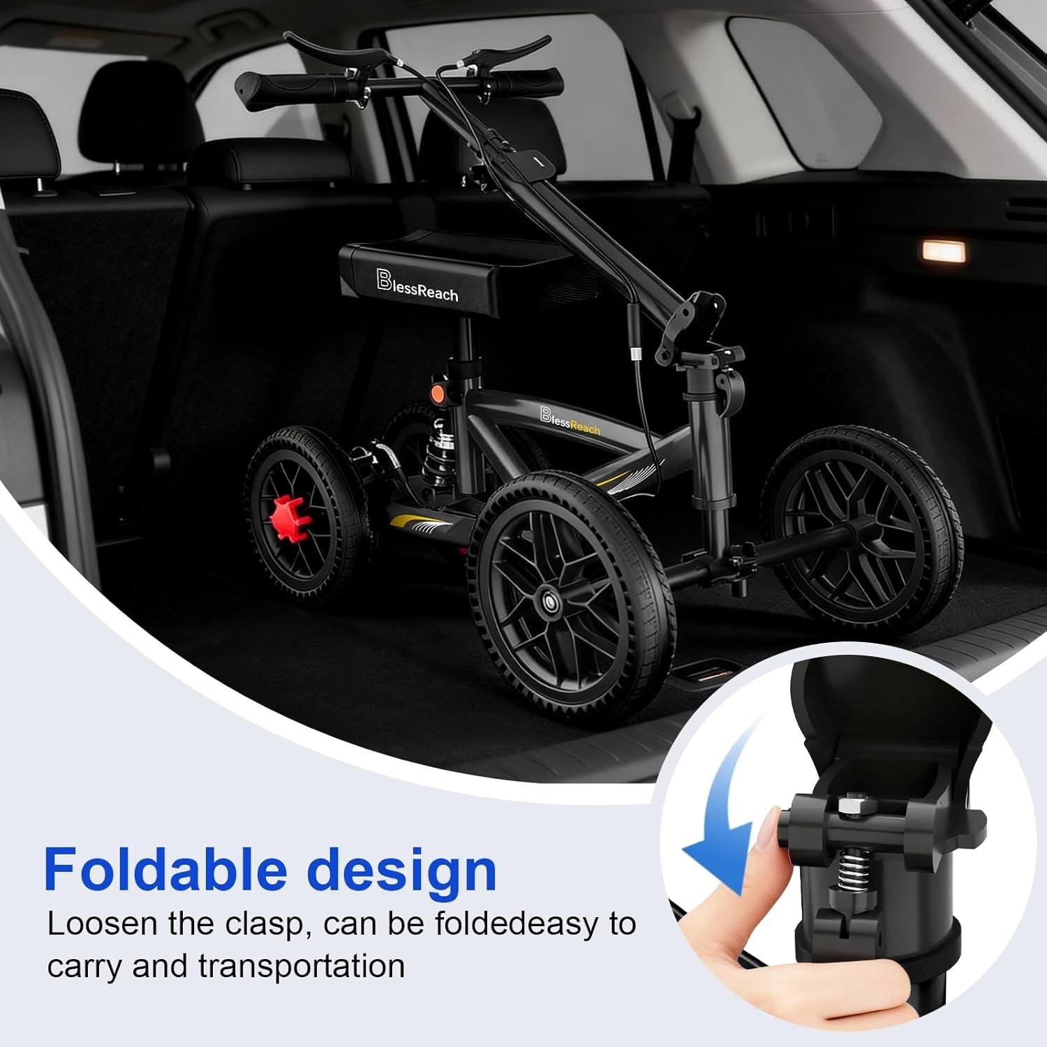 BlessReach Knee Walker 350 lbs Foldable All Terrain Scooter Black