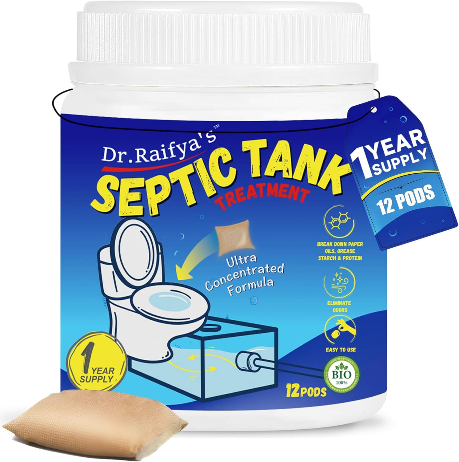 Septic Tank Treatment Pods - 12 Pcs for 1-Year Supply | Beneficial Bacteria & En