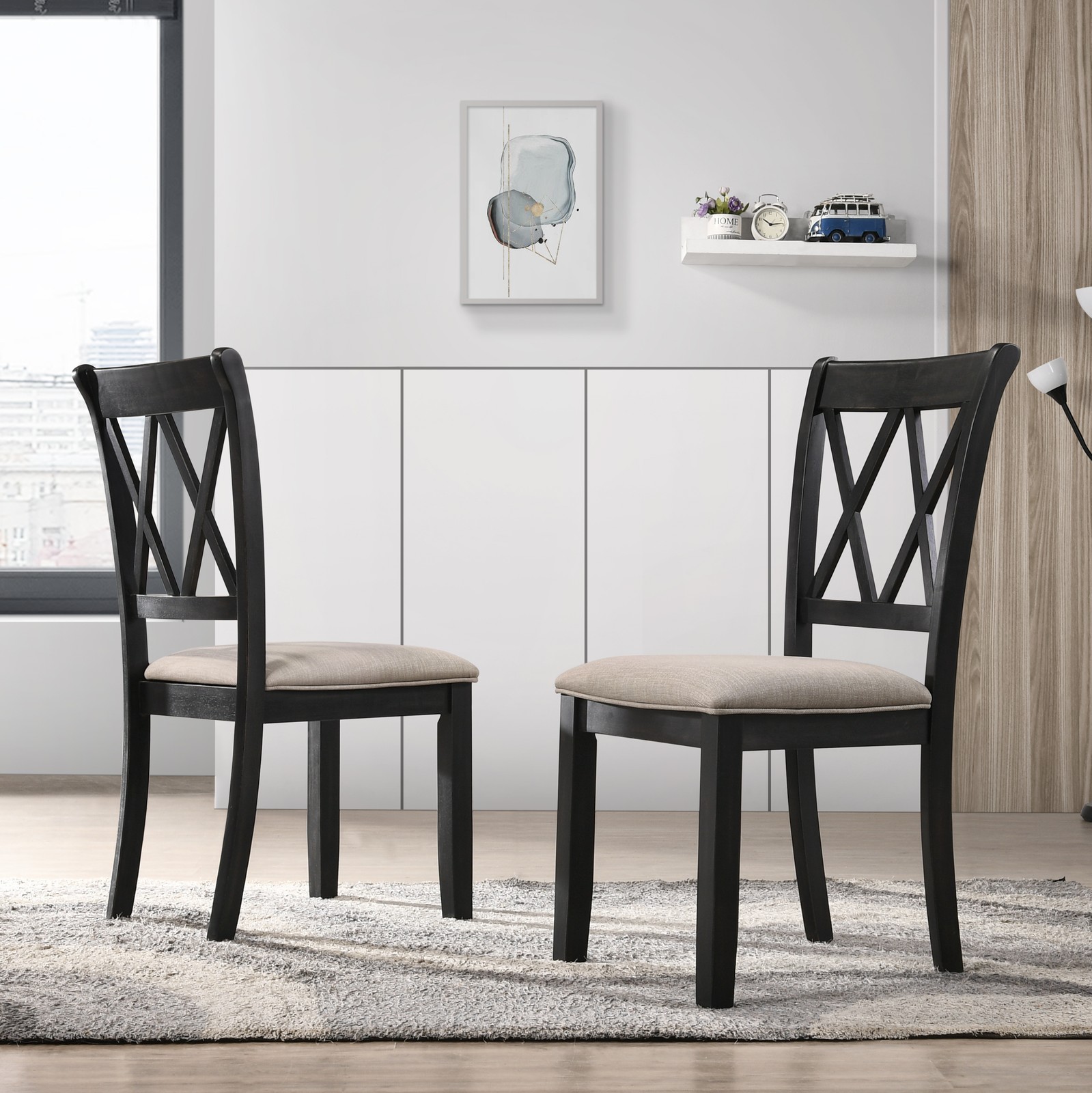 Set of 2 Black Fabric Upholstered Dining Chairs, Modern Kitchen Side Chairs
