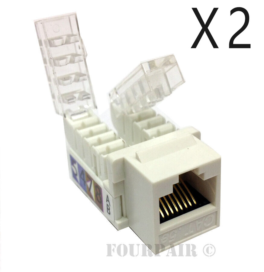 2 Pack Lot - CAT5e Keystone RJ45 Ethernet Toolless Tool-Less Snap-In Jack White