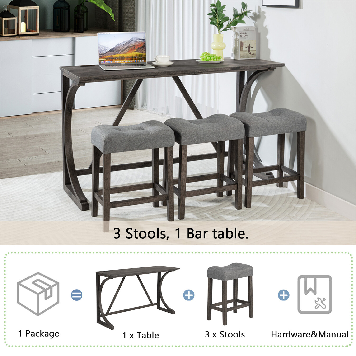 4 Piece Bar Table Set Counter Height Kitchen Dining Table w/ 3 Upholstered Stool