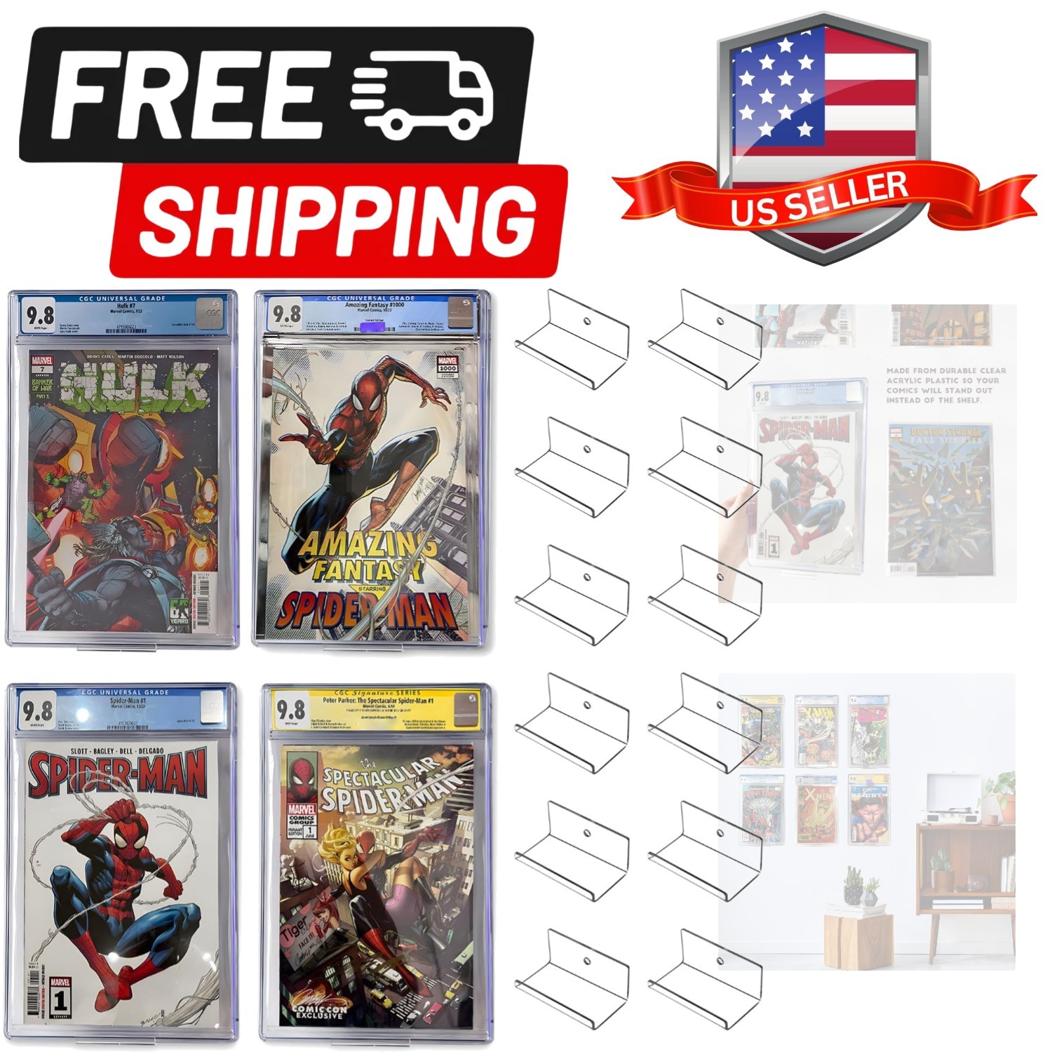 12pcs Clear Floating Comic Book Display Shelves, Comic Book Shelf Stand Wall ...