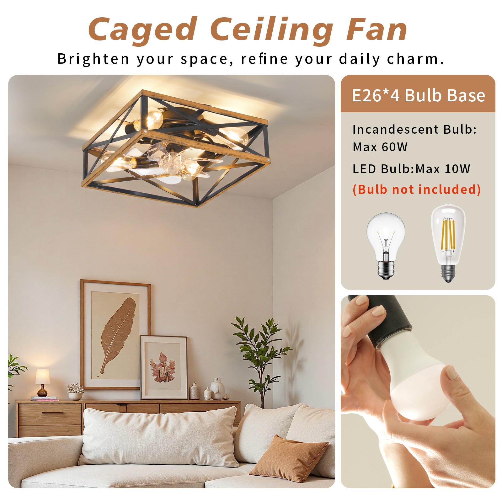 16"Caged Low Profile Ceiling Fans with Remote,Rustic Square Flush Mount