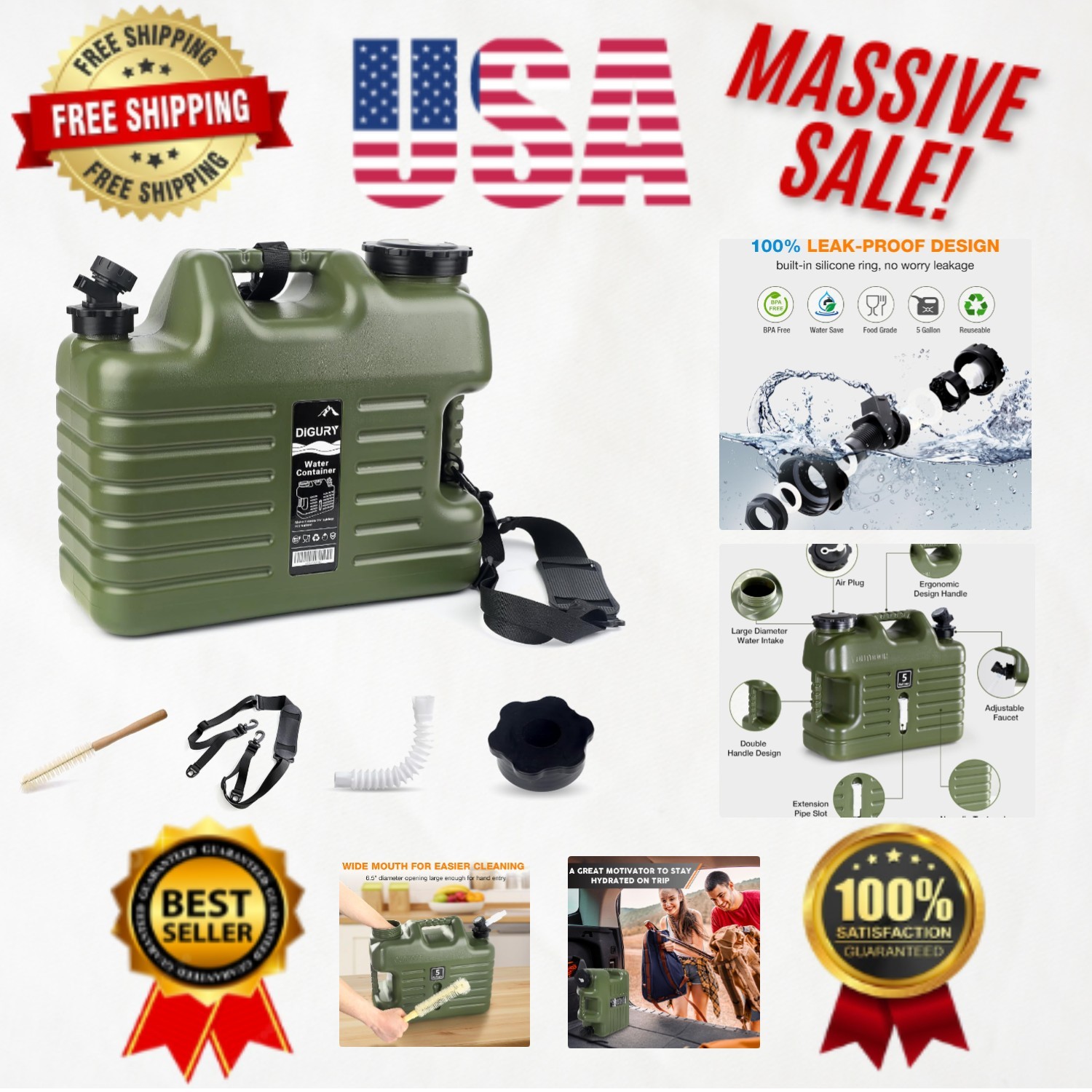 5 Gallon BPA Free Water Jug with Leak-Proof Spigot - Ideal for Camping
