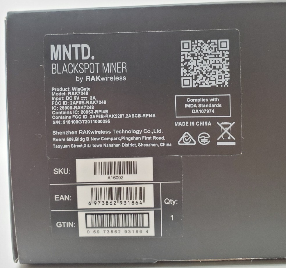 MNTD. Blackspot Miner By RAKwireless Helium LongFi Compatible