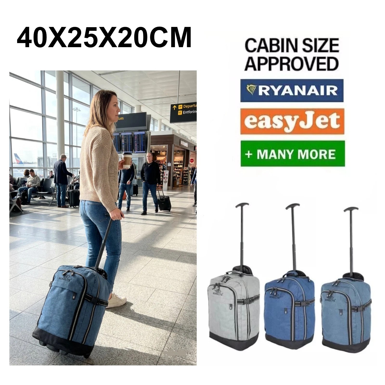 40x25x20cm Ryanair Approved Cabin Bag Underseat Hand Luggage Carry On Travel