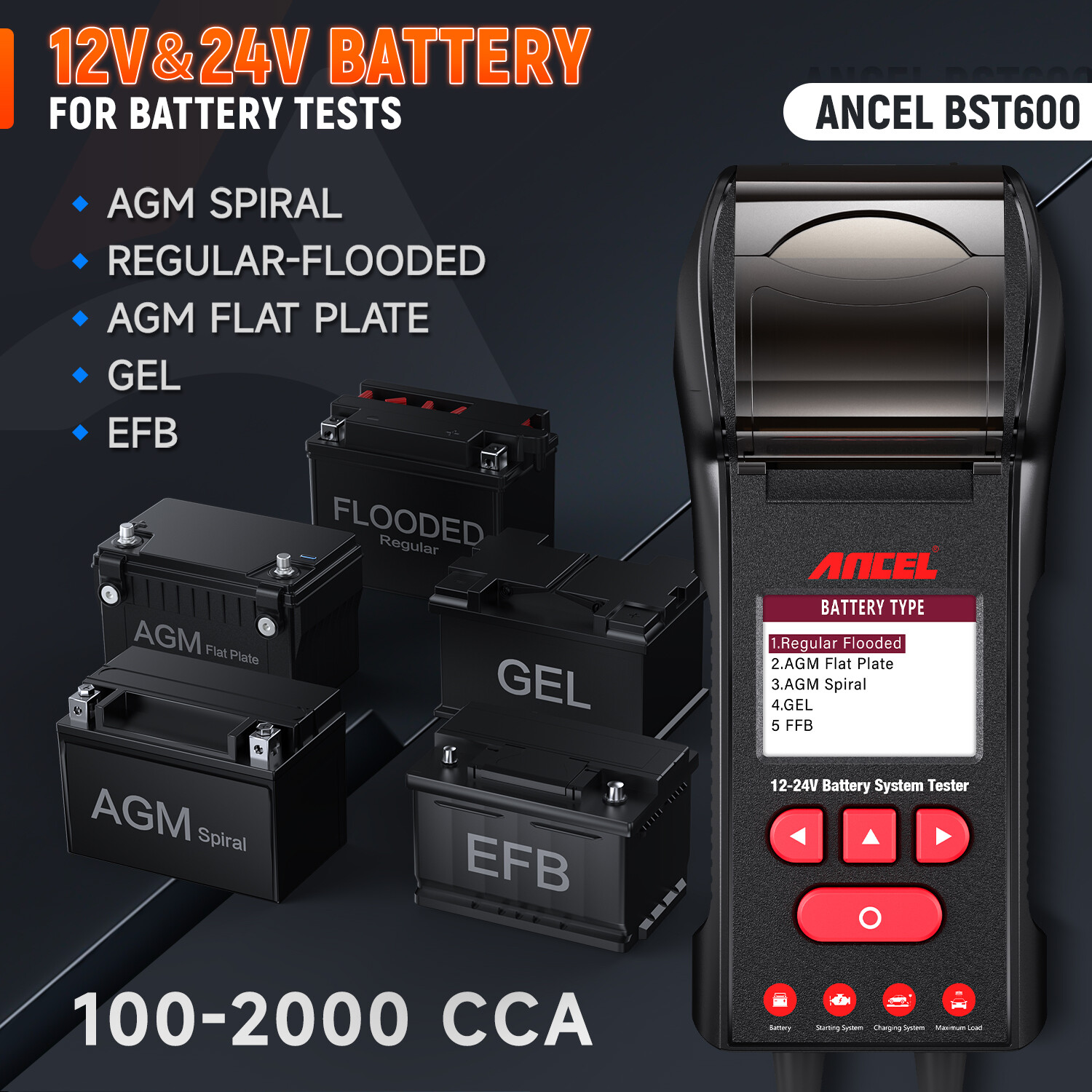 ANCEL BST600 Car Battery Tester with Printer - 12V/24V, 100-2000 CCA, Black