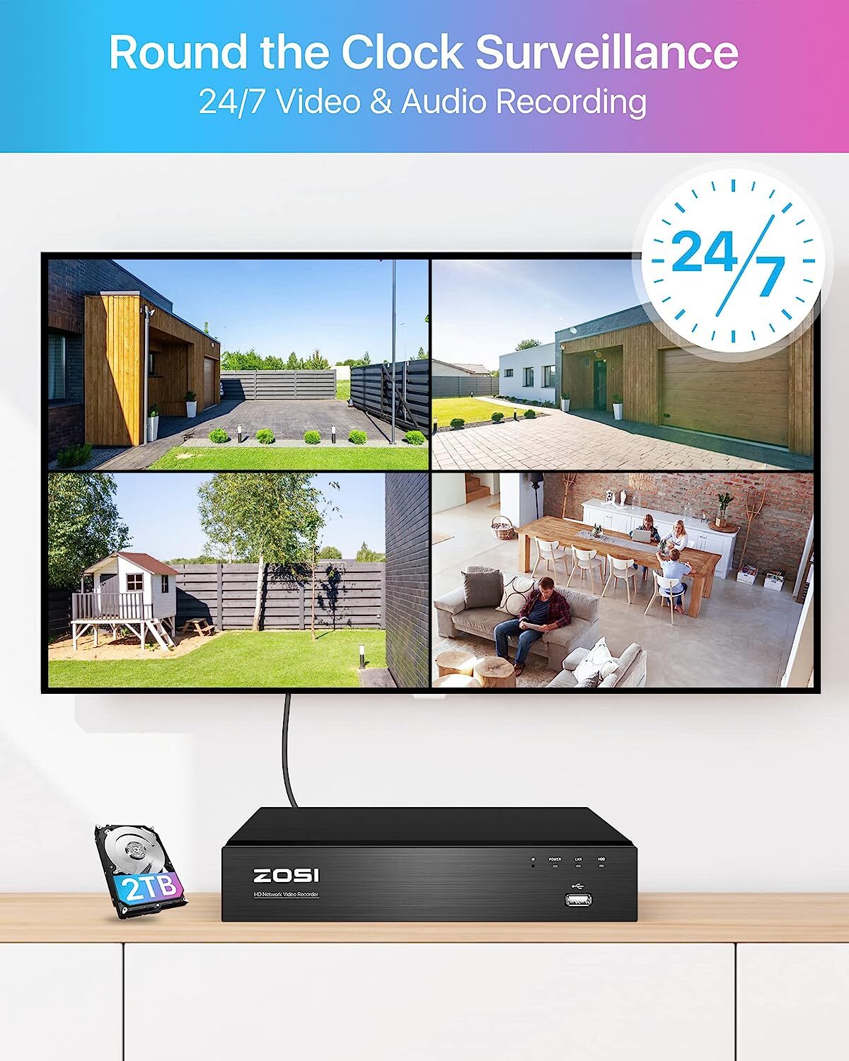 ZOSI 16CH/8CH 4K NVR 8MP Security IP Camera System Smart Detect Spotlight Audio