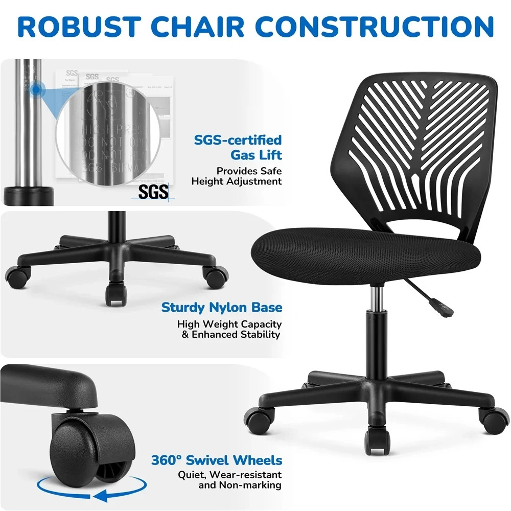 Alden Design Adjustable Armless Mid Back Office Chair, Black, Swivel