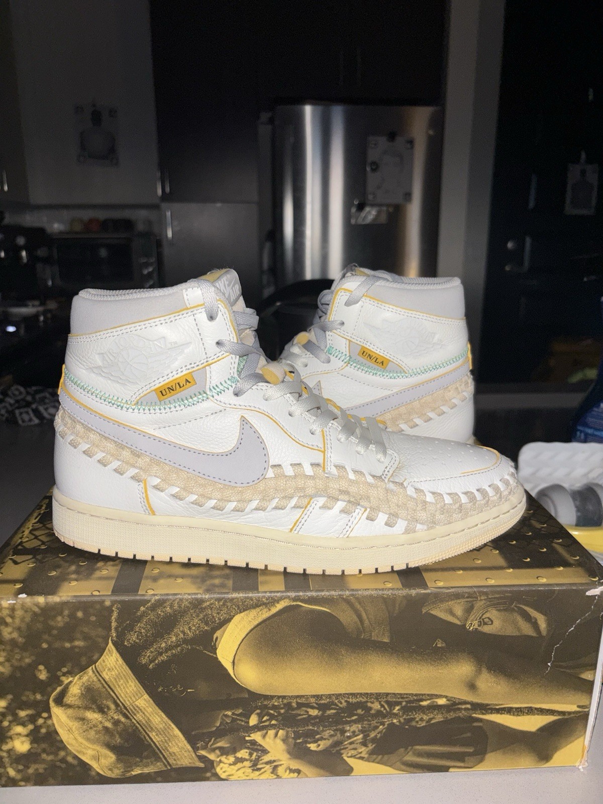 Nike Air Jordan 1 Mid Top Leather Lace-Up Men's Sneakers White Gray Yellow