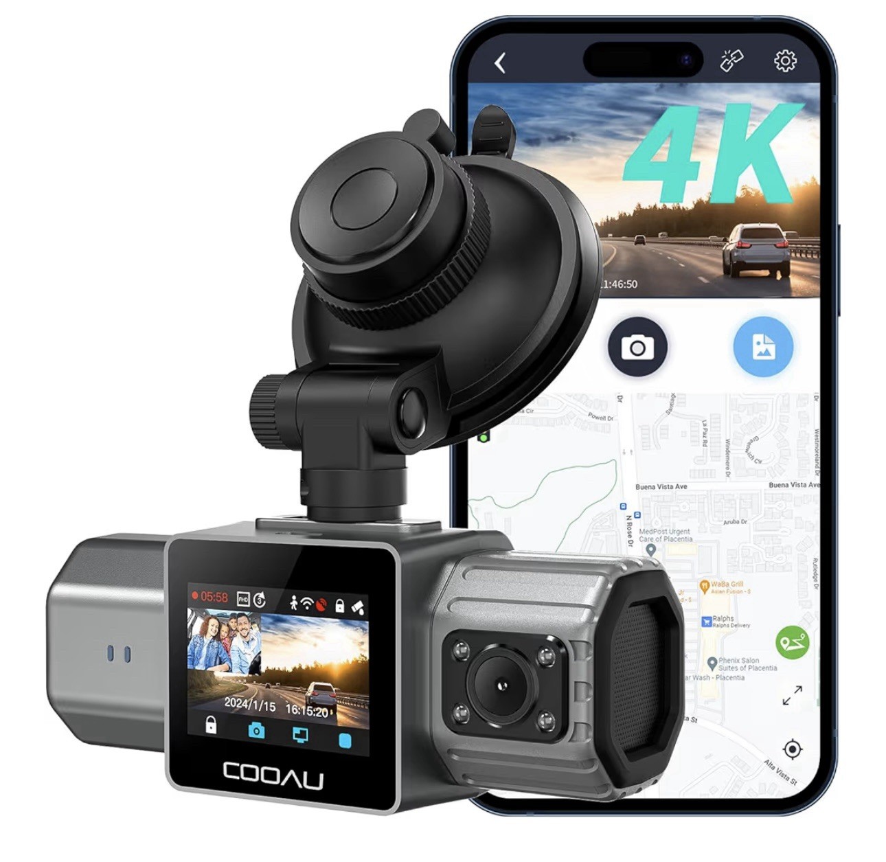 COOAU 4K Dual Dash Cam Front and Inside,Build-in GPS WiFi,Dash Camera for Car