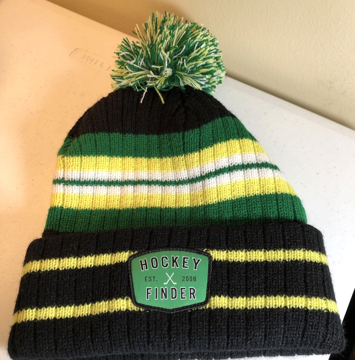 Black, Yellow, Green & White Stripe Hockey Finder Knit Winter Hat Adult OSFM EUC
