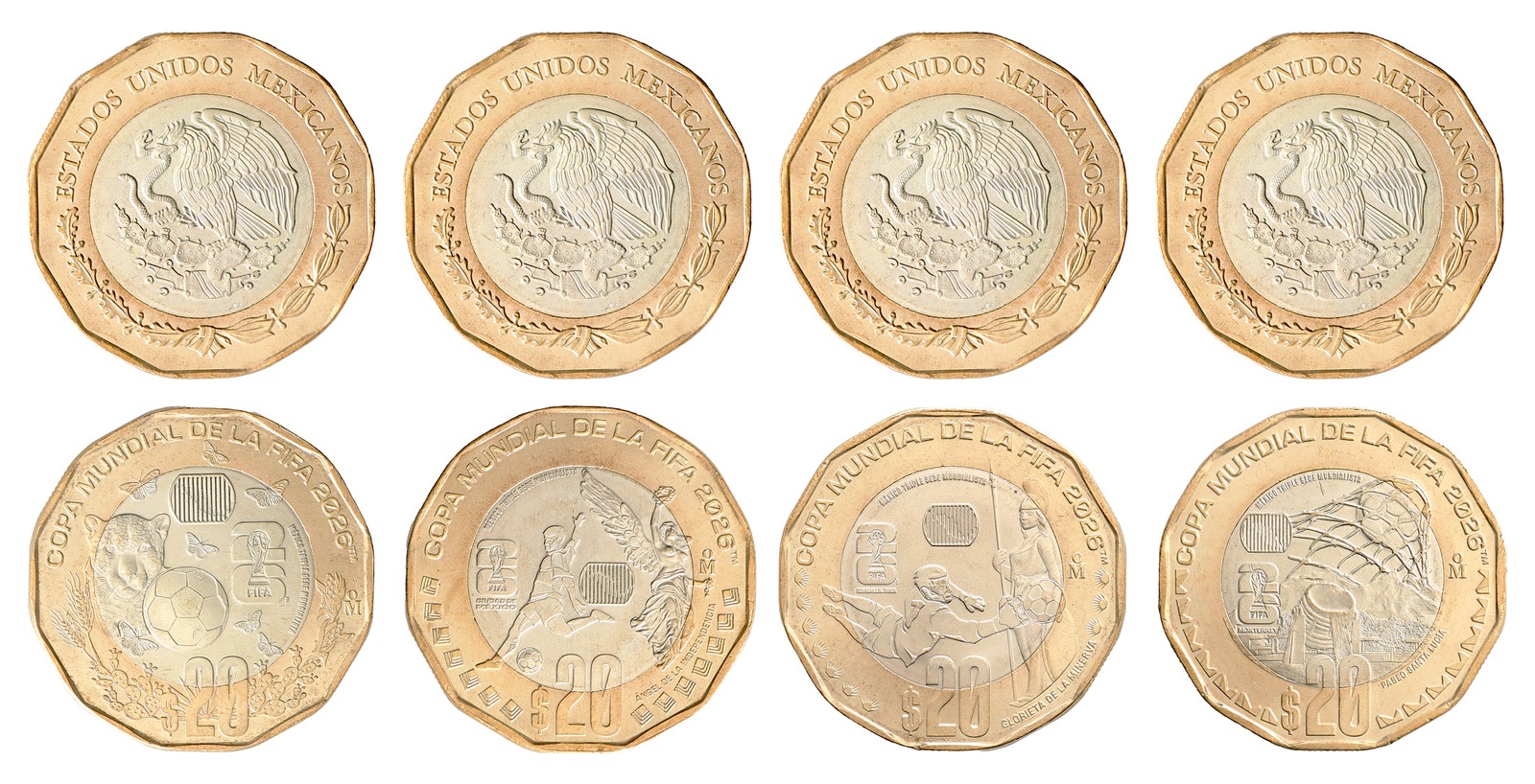 FIFA Mexico 20 Pesos, 4 Set, 2026 World Cup Soccer Mundial New Unc