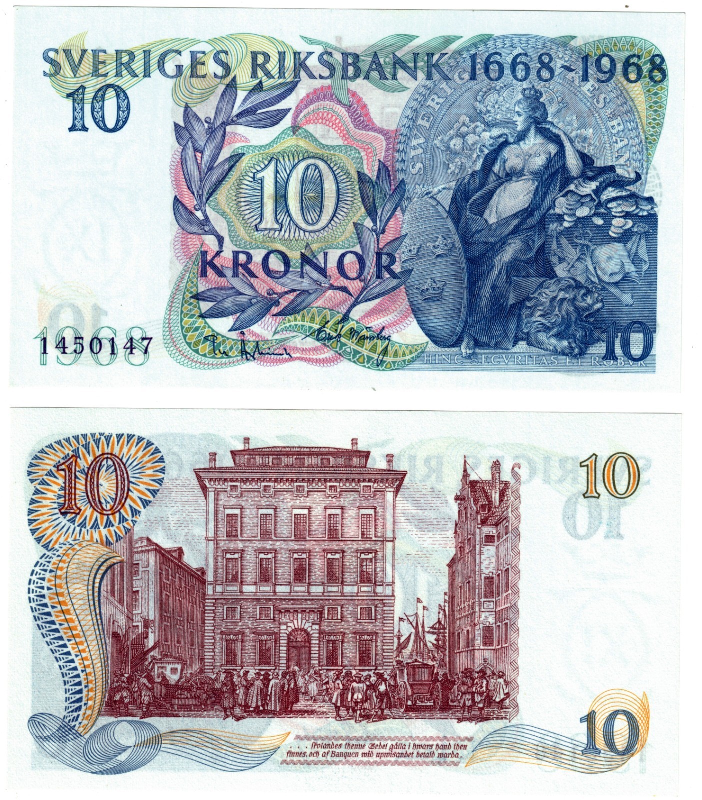 1968 Sweden 10 Kronor Banknote UNC P56 Commemorative 300th Anniversary