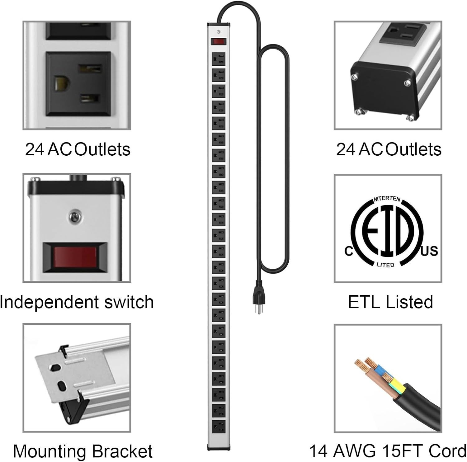 24 Outlets Extra Long Power Strip,Heavy Duty Metal Socket Silver & Black