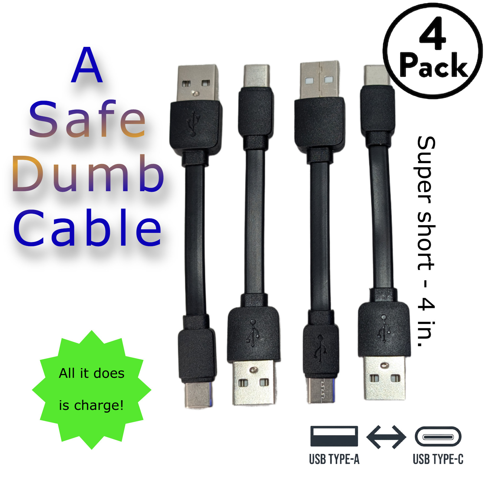 4pk 4 Inch Short USB C Cable USB A to Type C Power Only Charge Cord No Data Safe