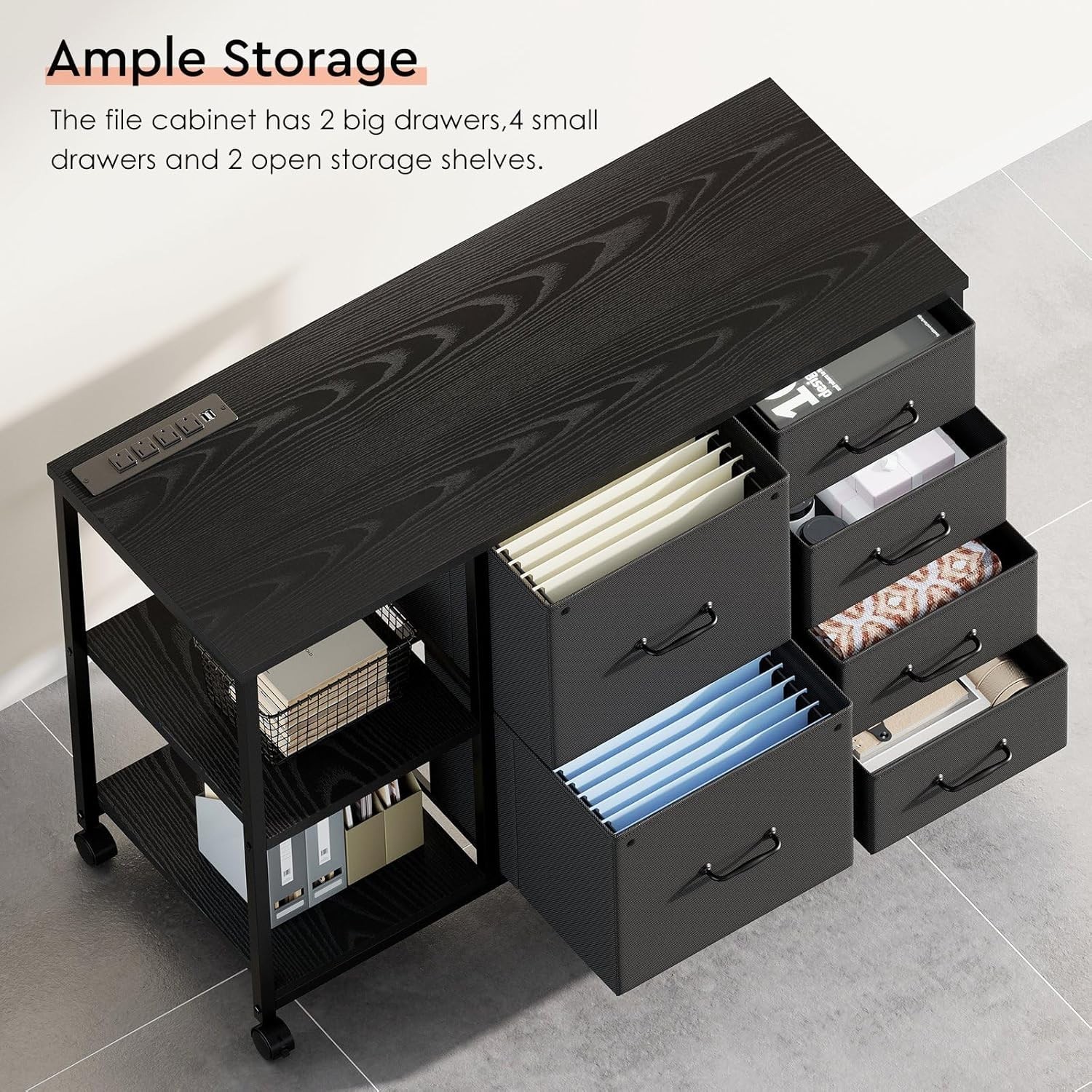 6-Drawer File Cabinet W/ Charging Station Rolling Printer Stand W/ Open Storage