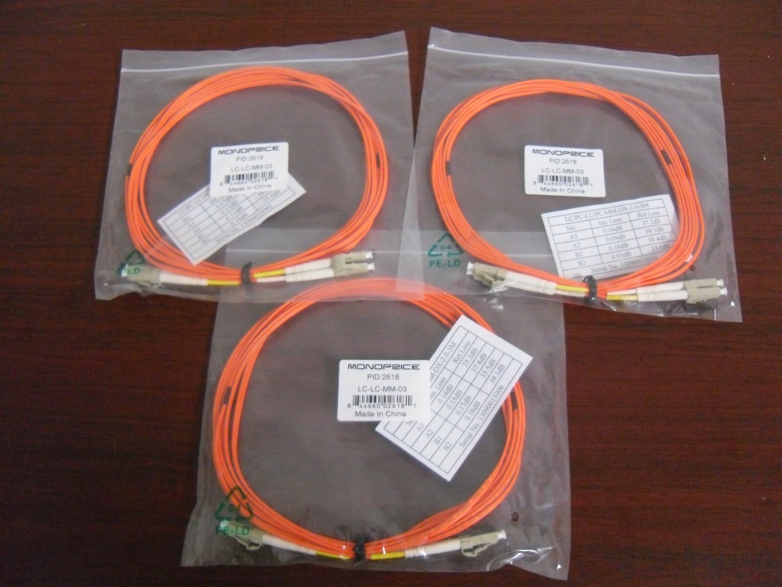 (QTY 3) LC-LC-MM-03 MONOPRICE CABLE LC/PC-LC/PC MM-DX-2.0-3M