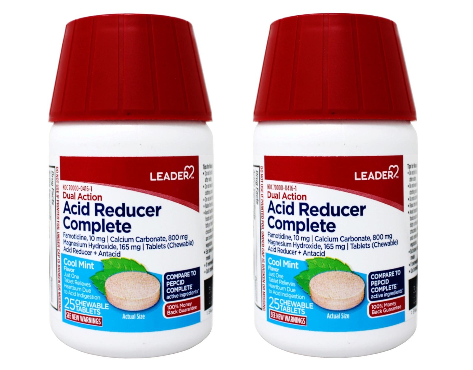 Leader Dual Action Acid Reducer+Antacid Chewable Tablets Mint, 25 Count  2 Pack