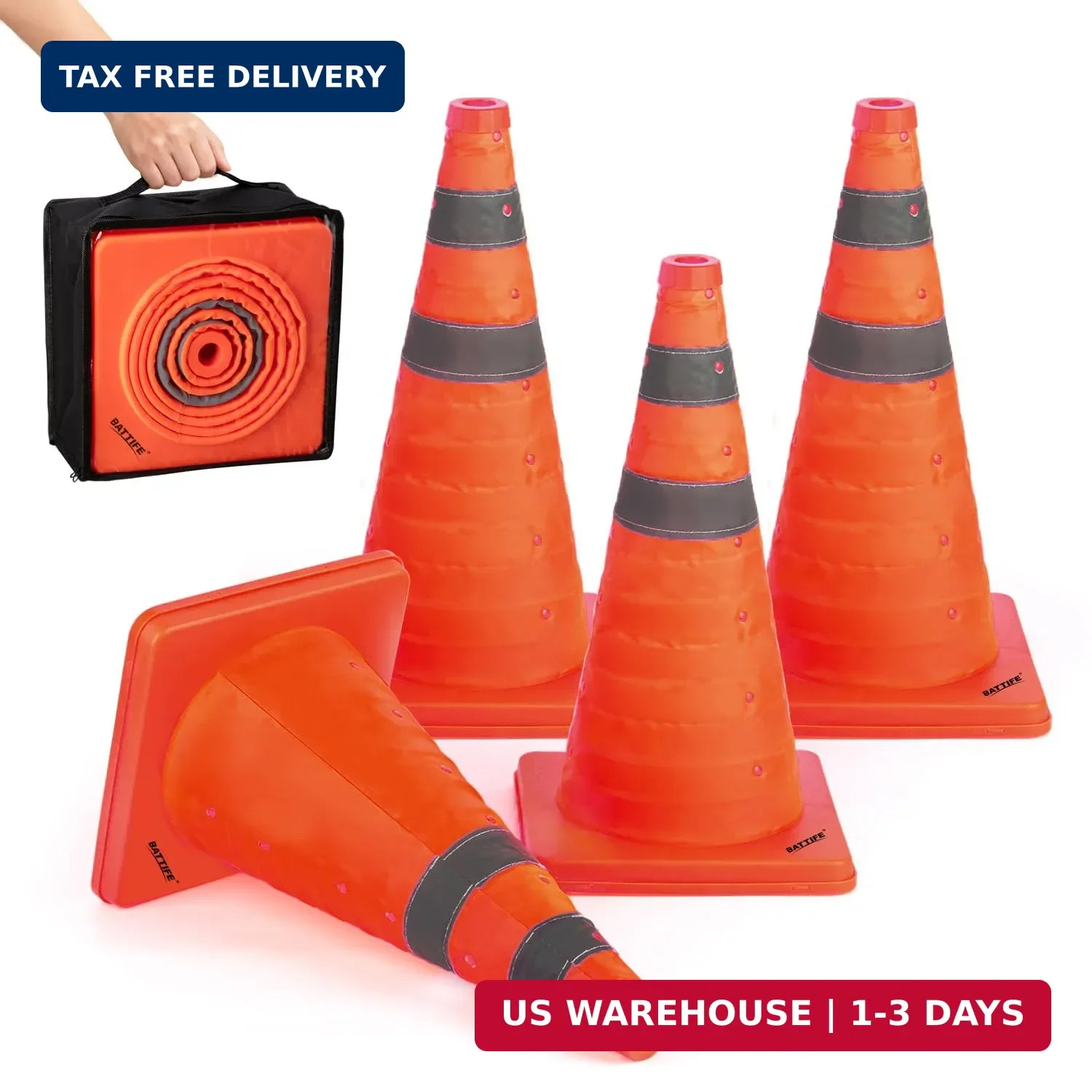 [4 Pack] 18 Inch Collapsible Traffic Safety Cones, Orange Cones, Multi P