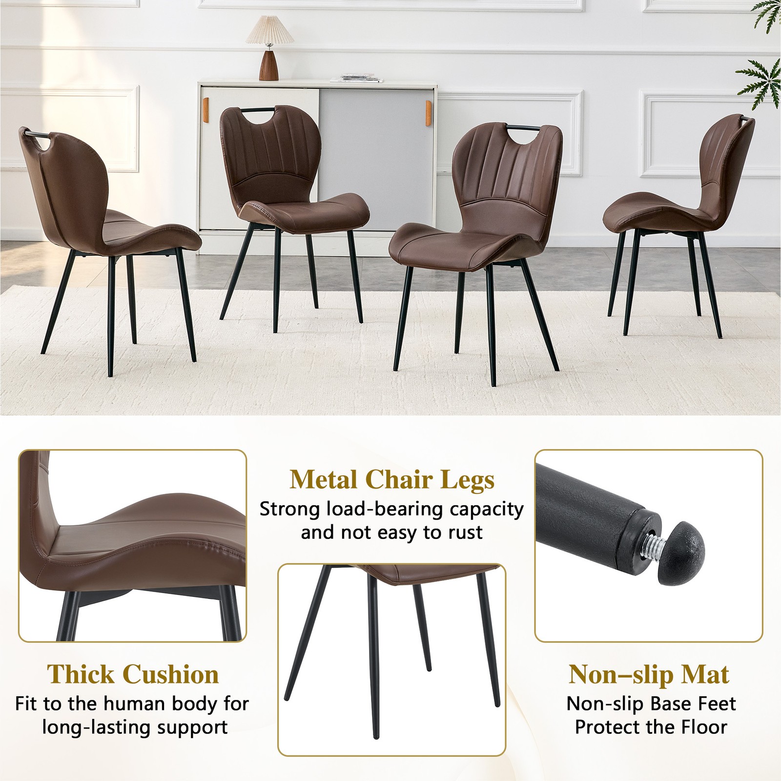 4 PU Leather Dining Chairs with Wide Cushion, Metal Handle & Adjustable Feet