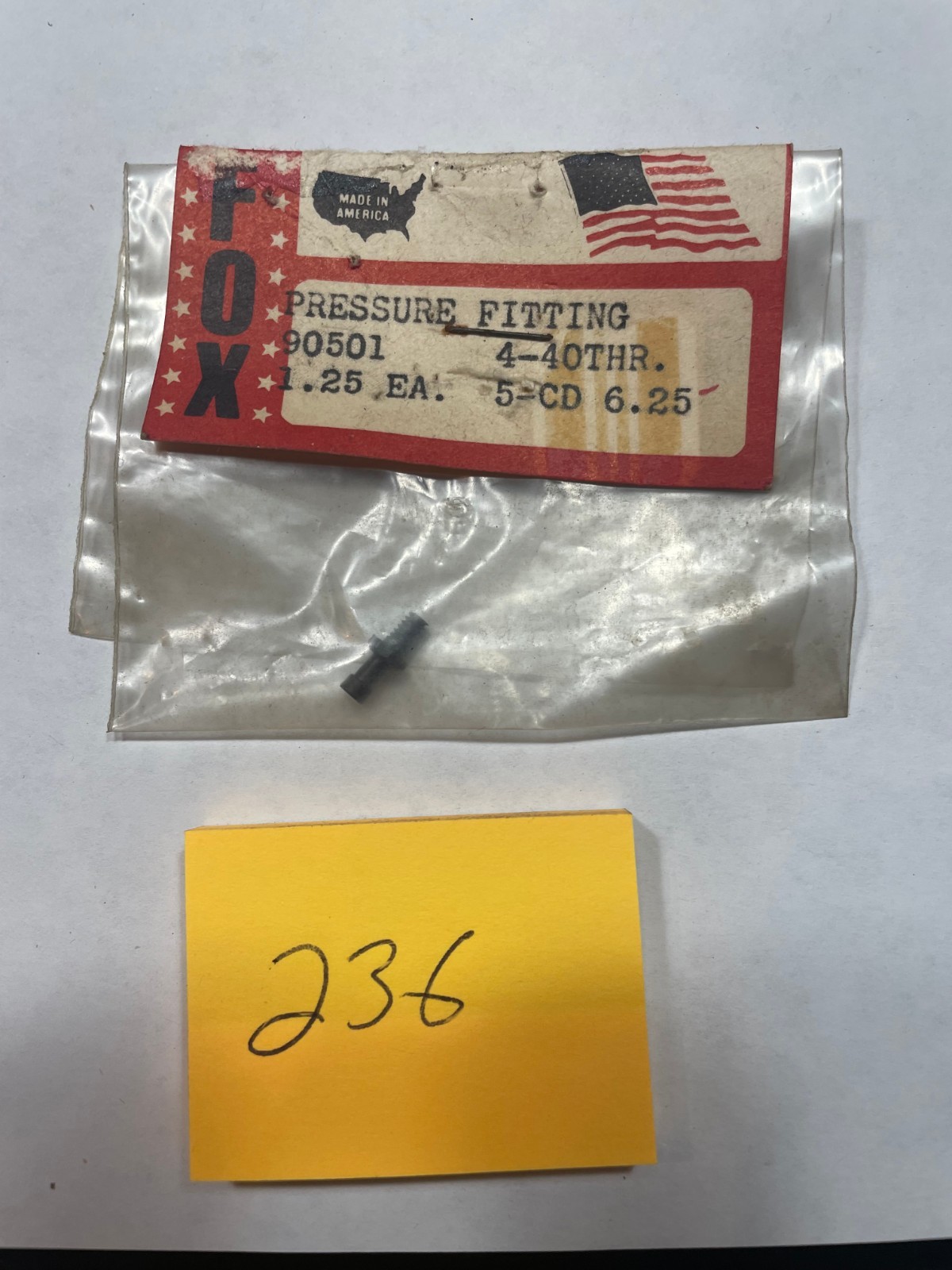 VINTAGE FOX  PRESSURE FITTING  NO. 90501  4-40 THR.  5-CD 6.25