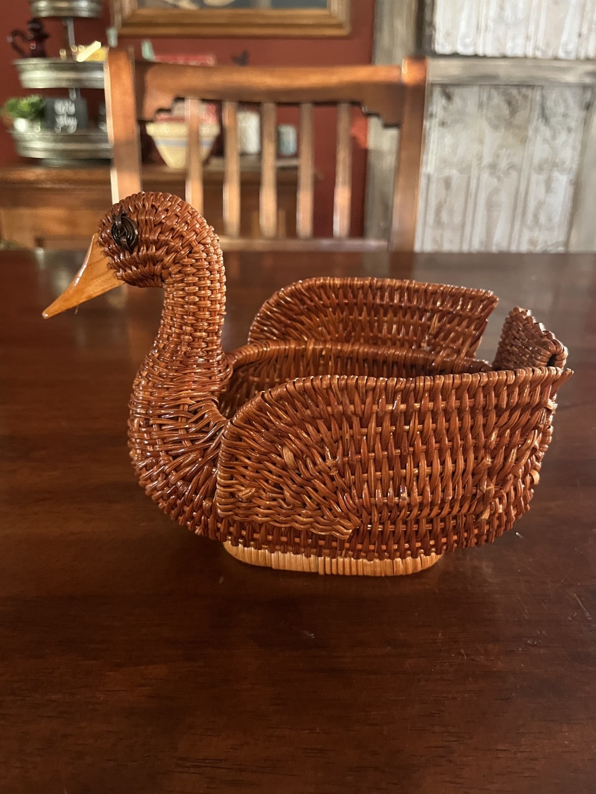 Vintage Wicker Duck Planter Woven Duck Basket Rattan Duck Basket Boho Decor