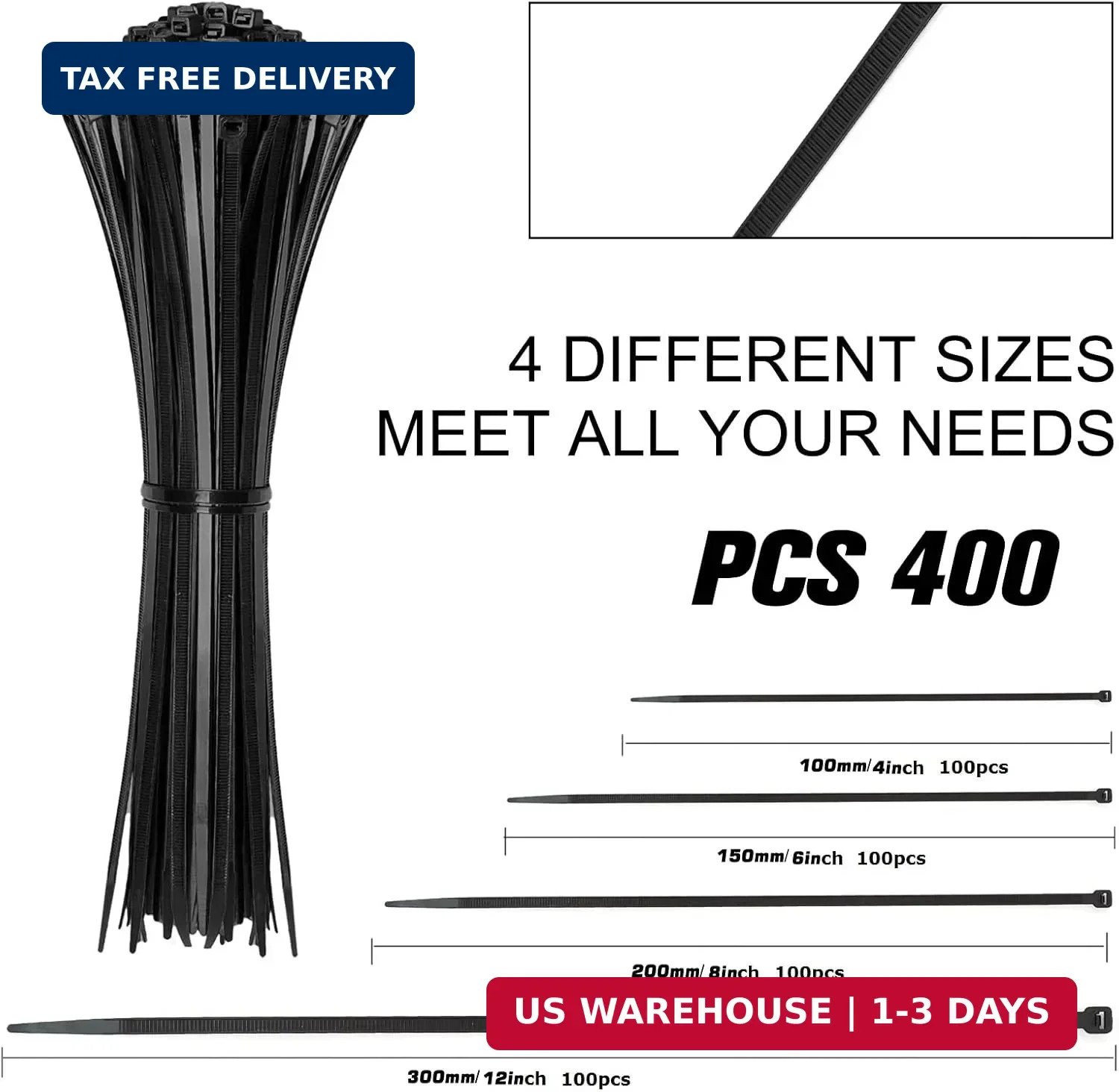 Cable Zip Ties,400 Pack Black Assorted Sizes 12+8+6+4 Inch,Multi-Purpose Self-Lo