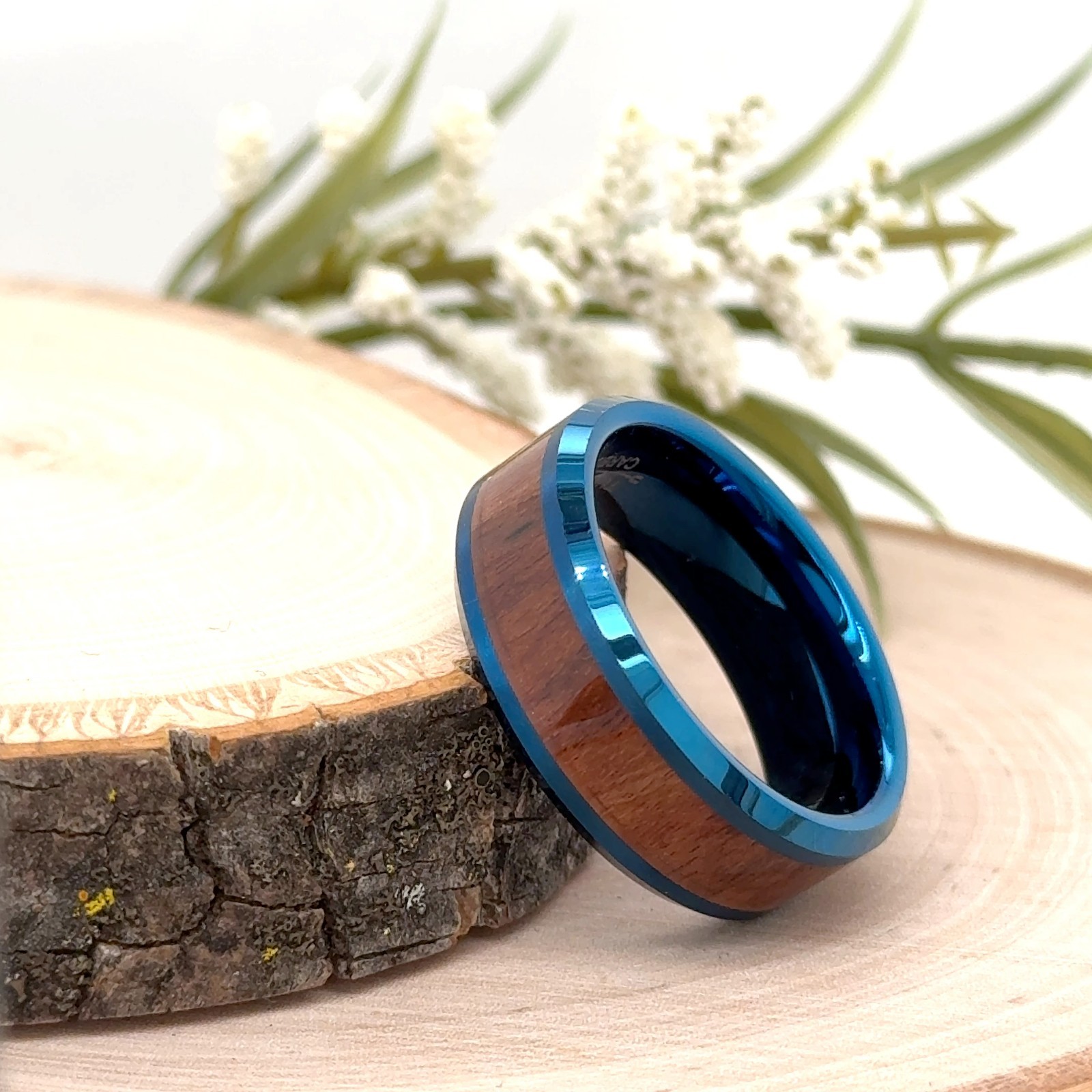 8mm Blue Polished Tungsten Christmas Ring Natural Wood Inlay Finish Unisex Band